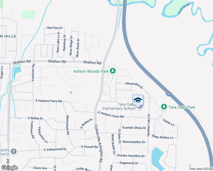 map of restaurants, bars, coffee shops, grocery stores, and more near 1165 Clear Creek Road in Collierville