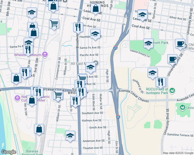 map of restaurants, bars, coffee shops, grocery stores, and more near 620 Lewis Avenue Southeast in Albuquerque