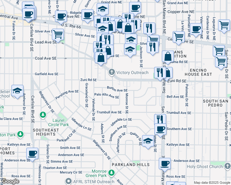 map of restaurants, bars, coffee shops, grocery stores, and more near 4704 Burton Avenue Southeast in Albuquerque