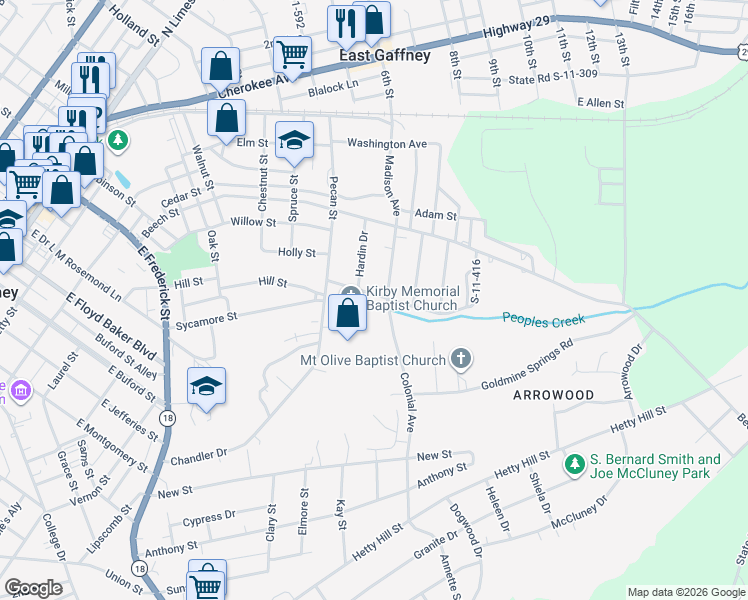 map of restaurants, bars, coffee shops, grocery stores, and more near 112 Osment Street in Gaffney