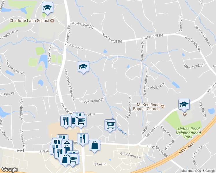 map of restaurants, bars, coffee shops, grocery stores, and more near 10526 Lady Grace Lane in Charlotte