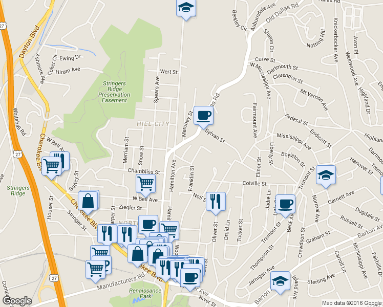 map of restaurants, bars, coffee shops, grocery stores, and more near 805 Franklin Street in Chattanooga
