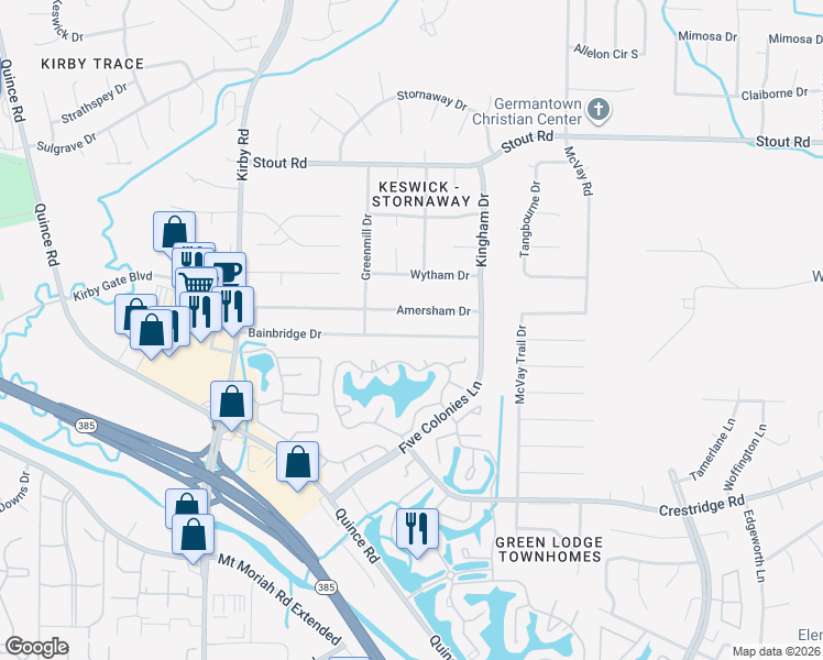 map of restaurants, bars, coffee shops, grocery stores, and more near 6826 Bainbridge Drive in Memphis
