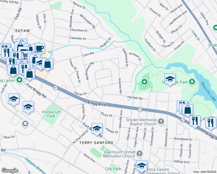 map of restaurants, bars, coffee shops, grocery stores, and more near 812 Mc Pherson Road in Fayetteville