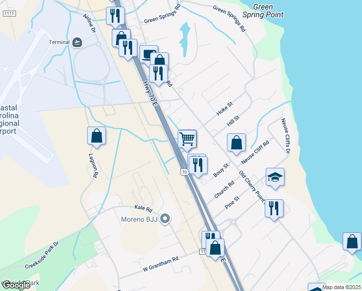 map of restaurants, bars, coffee shops, grocery stores, and more near 1702 U.S. 70 in New Bern