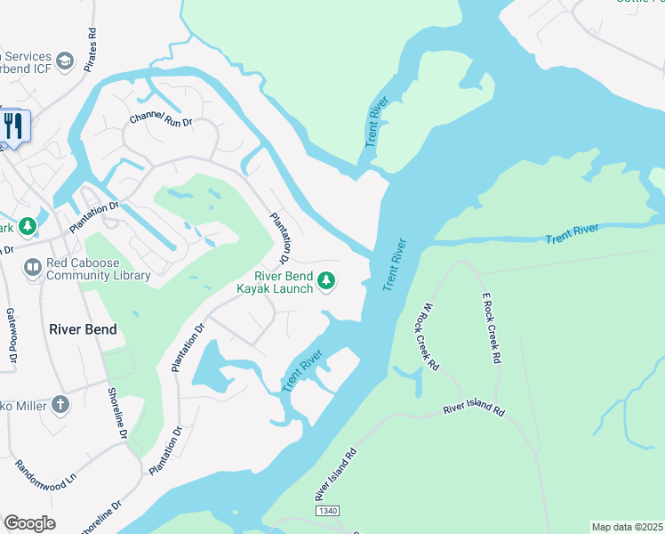 map of restaurants, bars, coffee shops, grocery stores, and more near 210 Gull Pointe in New Bern