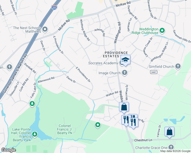 map of restaurants, bars, coffee shops, grocery stores, and more near 2938 Wheat Meadow Lane in Charlotte