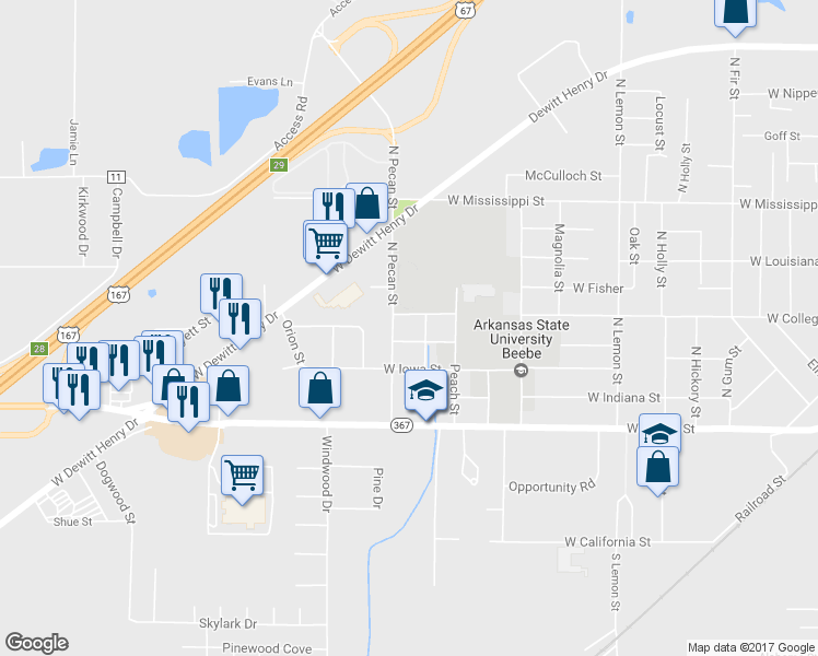 map of restaurants, bars, coffee shops, grocery stores, and more near 1300 West College Street in Beebe