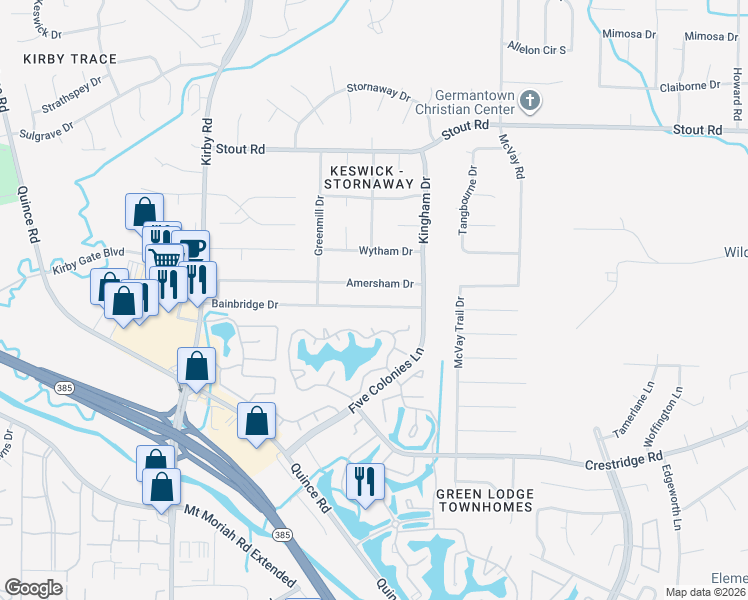 map of restaurants, bars, coffee shops, grocery stores, and more near 6842 Bainbridge Drive in Memphis