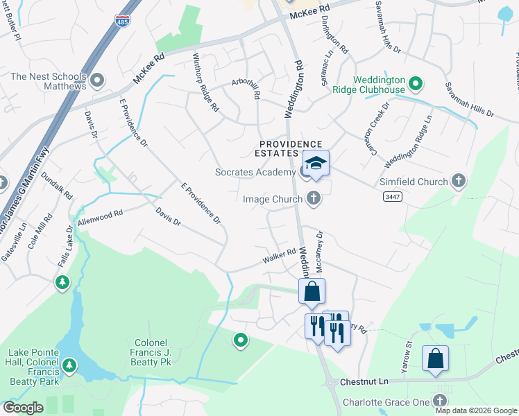 map of restaurants, bars, coffee shops, grocery stores, and more near 2517 Portstewart Ln in Charlotte