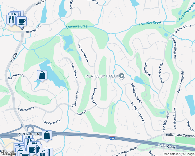 map of restaurants, bars, coffee shops, grocery stores, and more near 7011 Seton House Lane in Charlotte