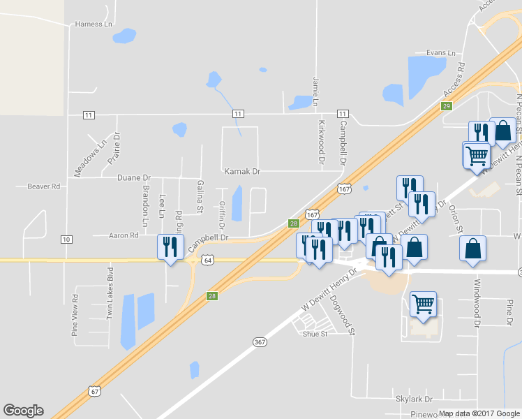 map of restaurants, bars, coffee shops, grocery stores, and more near 136 Hunter Circle in Beebe