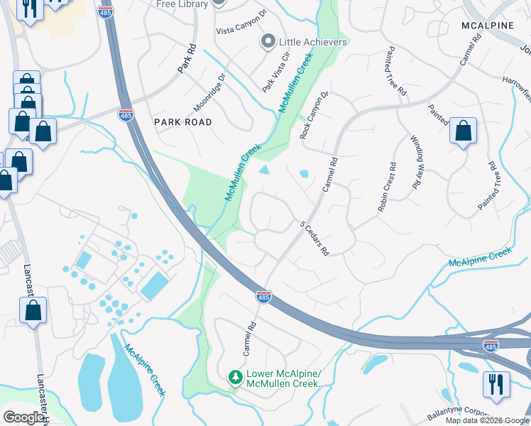 map of restaurants, bars, coffee shops, grocery stores, and more near 8204 Meadowind Circle in Charlotte