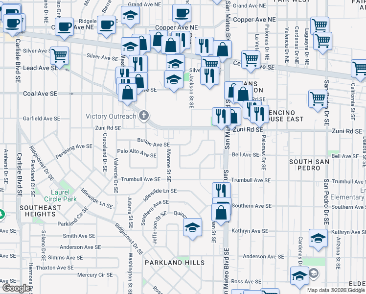 map of restaurants, bars, coffee shops, grocery stores, and more near 602 Quincy Street Southeast in Albuquerque