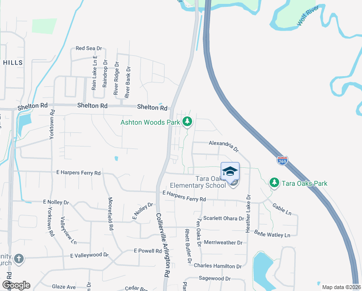 map of restaurants, bars, coffee shops, grocery stores, and more near 1168 Clear Creek Road in Collierville