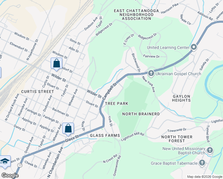 map of restaurants, bars, coffee shops, grocery stores, and more near 3206 Campbell Street in Chattanooga