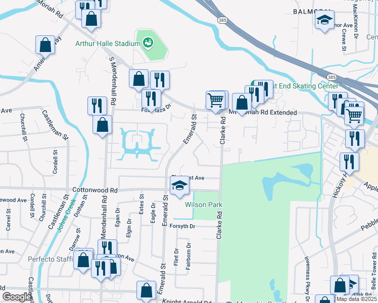 map of restaurants, bars, coffee shops, grocery stores, and more near 2823 Executive Drive in Memphis
