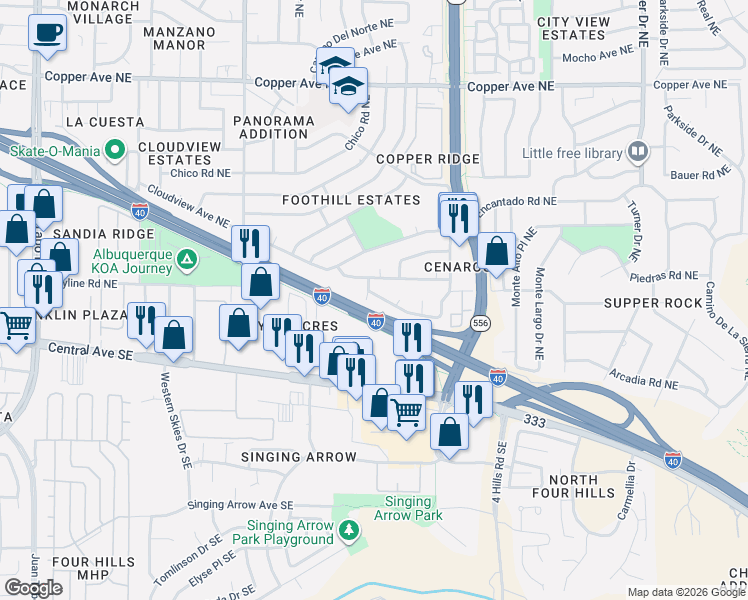 map of restaurants, bars, coffee shops, grocery stores, and more near 13221 Panorama Place Northeast in Albuquerque