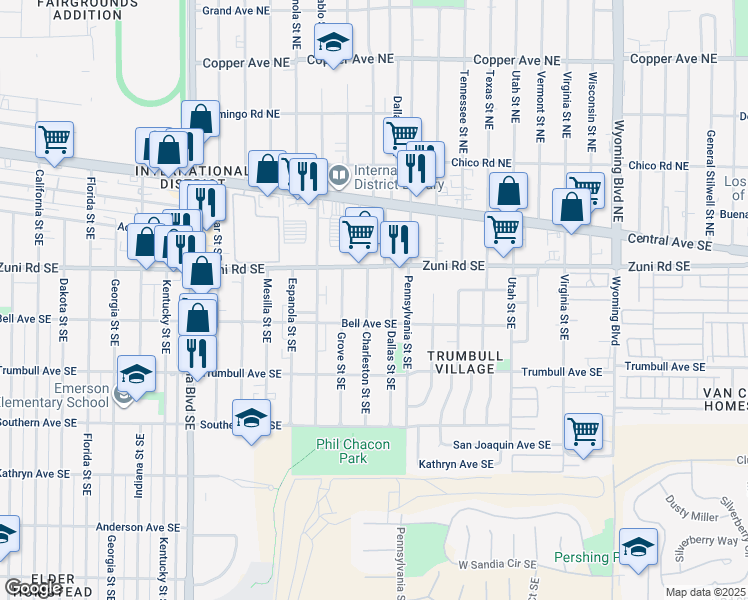 map of restaurants, bars, coffee shops, grocery stores, and more near 335 Charleston Street Southeast in Albuquerque
