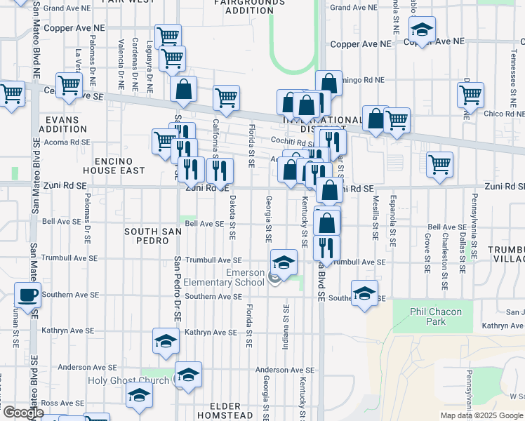 map of restaurants, bars, coffee shops, grocery stores, and more near 437 Georgia Street Southeast in Albuquerque