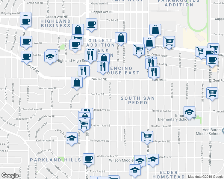 map of restaurants, bars, coffee shops, grocery stores, and more near 536 Palomas Drive Southeast in Albuquerque