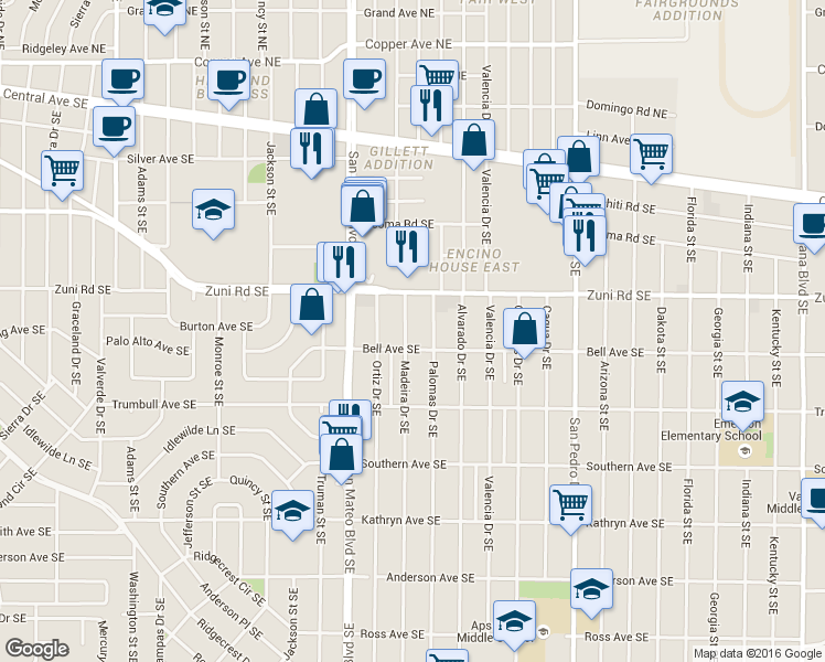 map of restaurants, bars, coffee shops, grocery stores, and more near 532 Madeira Drive Southeast in Albuquerque
