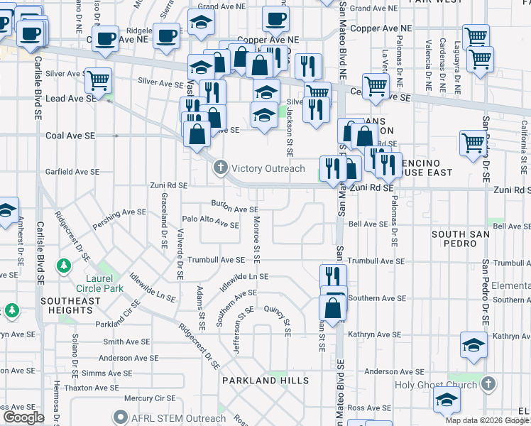 map of restaurants, bars, coffee shops, grocery stores, and more near 4812 Burton Avenue Southeast in Albuquerque
