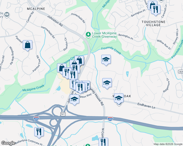 map of restaurants, bars, coffee shops, grocery stores, and more near 12325 Johnston Road in Charlotte