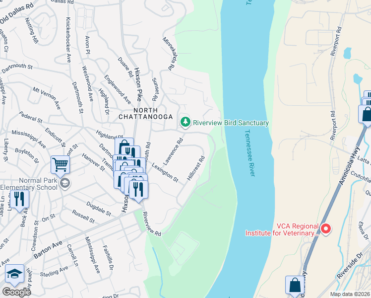 map of restaurants, bars, coffee shops, grocery stores, and more near 1624 Hillcrest Road in Chattanooga