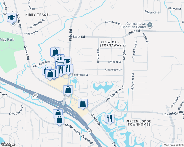 map of restaurants, bars, coffee shops, grocery stores, and more near 6752 Bainbridge Drive in Memphis