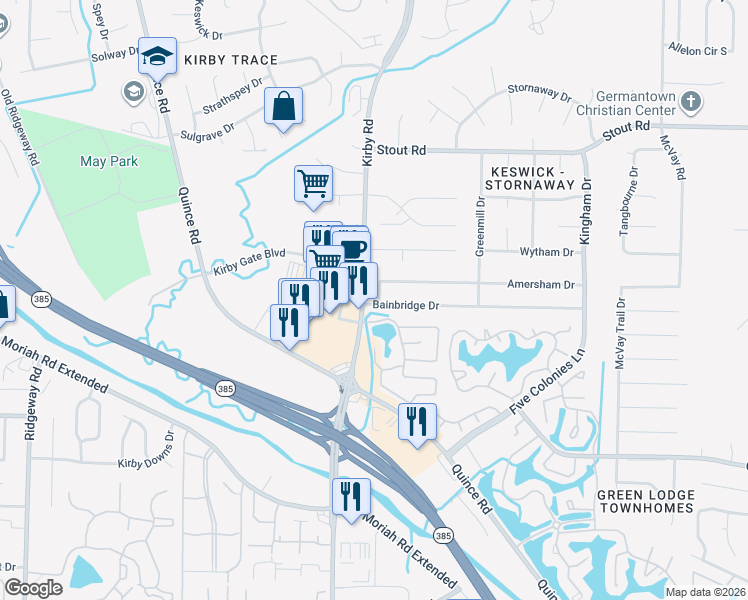 map of restaurants, bars, coffee shops, grocery stores, and more near 2856 Kirby Road in Memphis