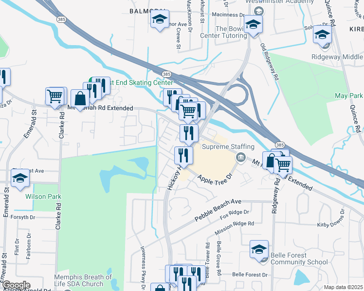 map of restaurants, bars, coffee shops, grocery stores, and more near 2822 Terri Crest Drive in Memphis