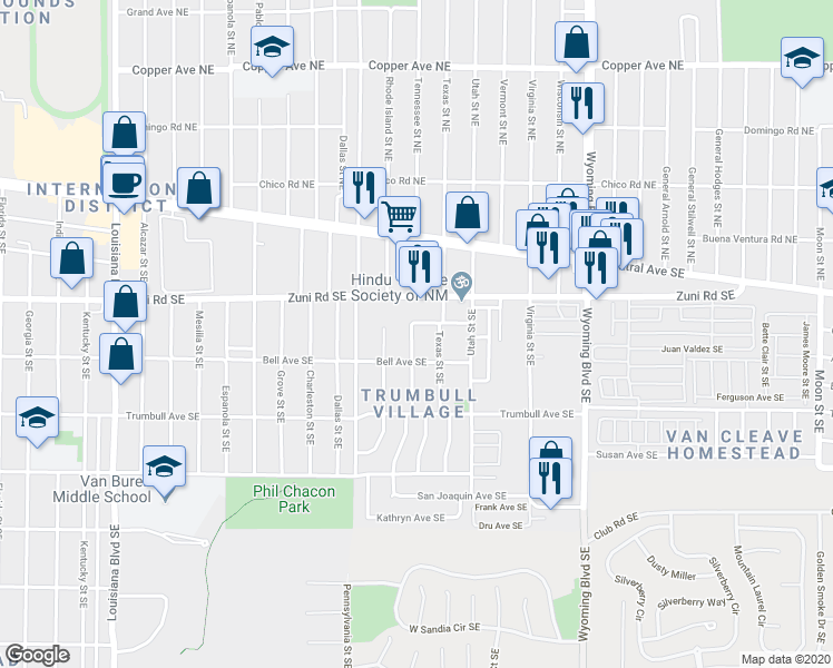 map of restaurants, bars, coffee shops, grocery stores, and more near 8100 Decatur Avenue Southeast in Albuquerque
