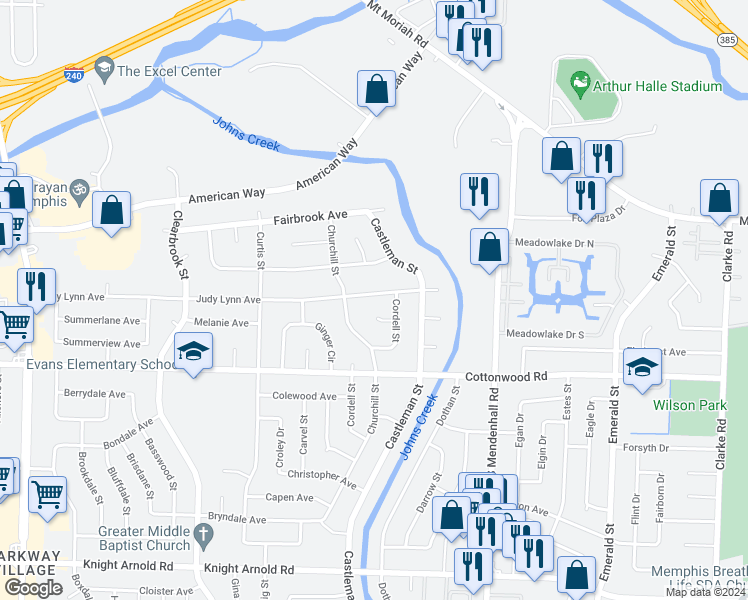 map of restaurants, bars, coffee shops, grocery stores, and more near 5177 Judy Lynn Avenue in Memphis