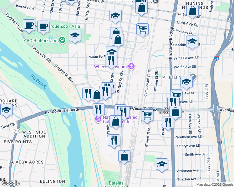 map of restaurants, bars, coffee shops, grocery stores, and more near 1411 3rd Street Southwest in Albuquerque