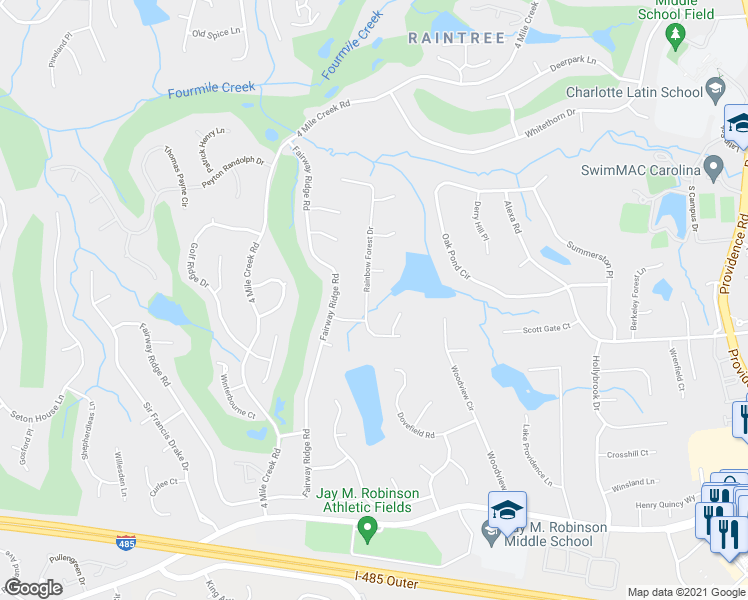 map of restaurants, bars, coffee shops, grocery stores, and more near 9527 Rainbow Forest Drive in Charlotte
