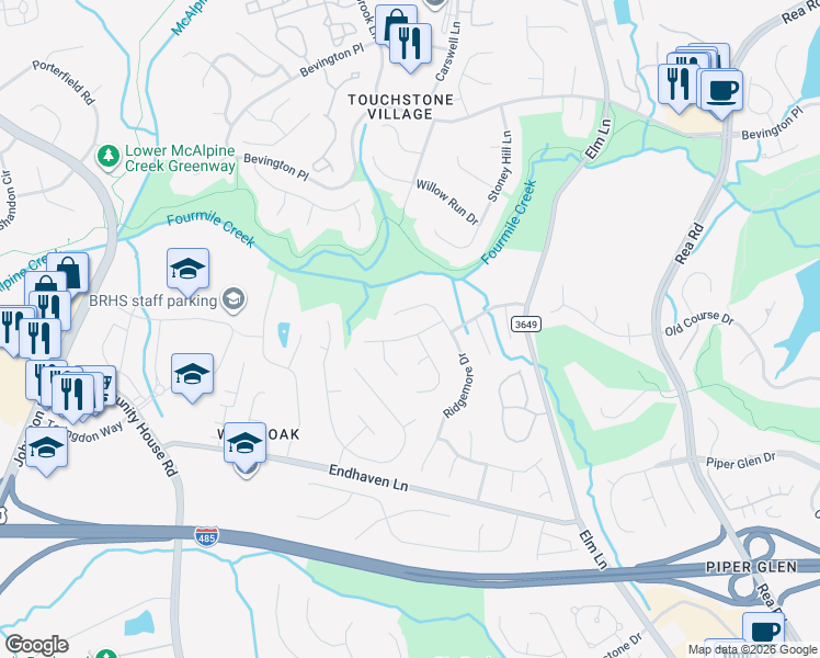 map of restaurants, bars, coffee shops, grocery stores, and more near 6328 Mock Orange Drive in Charlotte