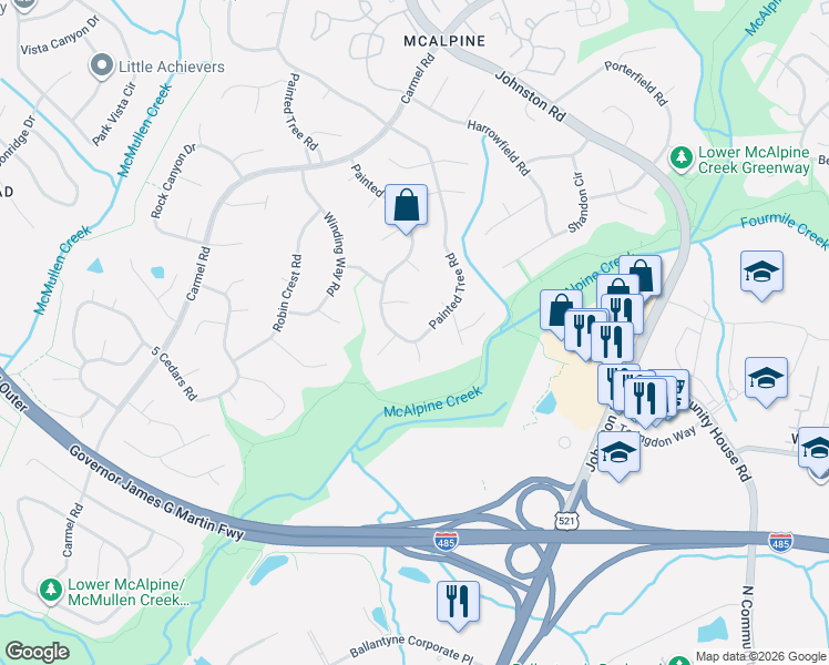 map of restaurants, bars, coffee shops, grocery stores, and more near 11724 Painted Tree Road in Charlotte