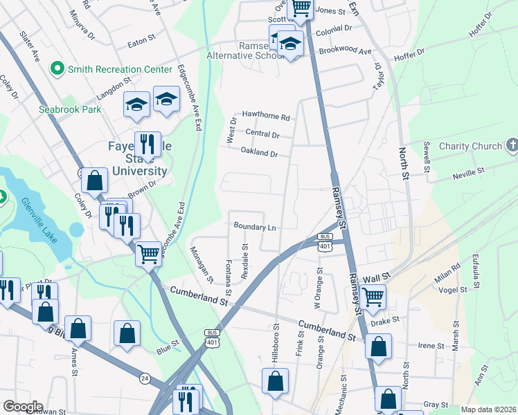 map of restaurants, bars, coffee shops, grocery stores, and more near 508 Donovan St in Fayetteville