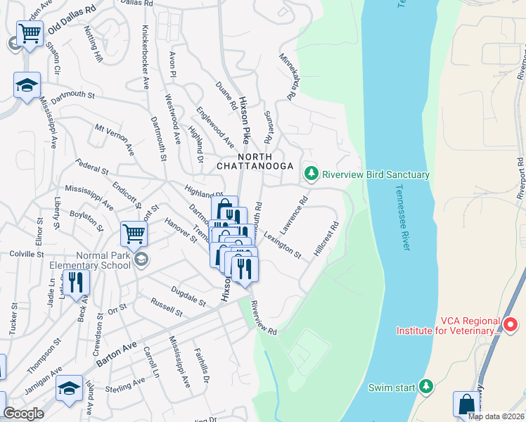 map of restaurants, bars, coffee shops, grocery stores, and more near 1342 Falmouth Road in Chattanooga