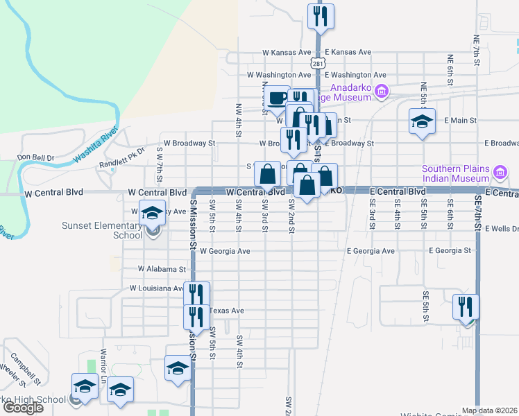 map of restaurants, bars, coffee shops, grocery stores, and more near 312 Southwest 3rd Street in Anadarko