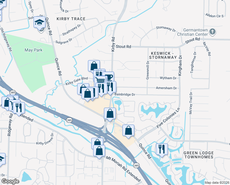 map of restaurants, bars, coffee shops, grocery stores, and more near 2856 Kirby Road in Memphis