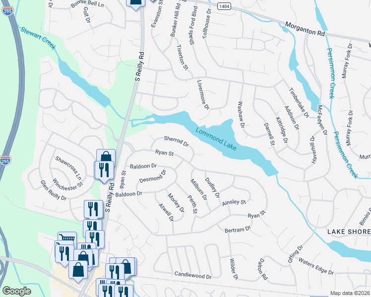 map of restaurants, bars, coffee shops, grocery stores, and more near 6642 Sherrod Drive in Fayetteville