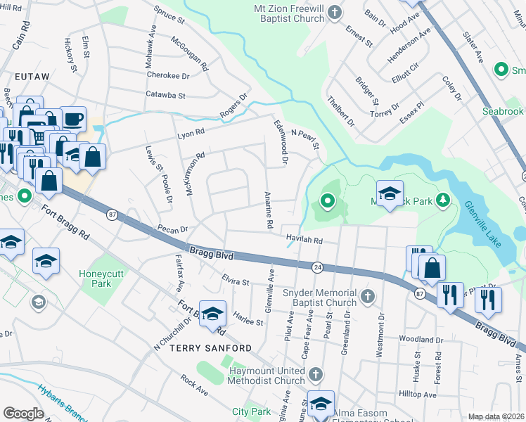 map of restaurants, bars, coffee shops, grocery stores, and more near 829 Anarine Road in Fayetteville