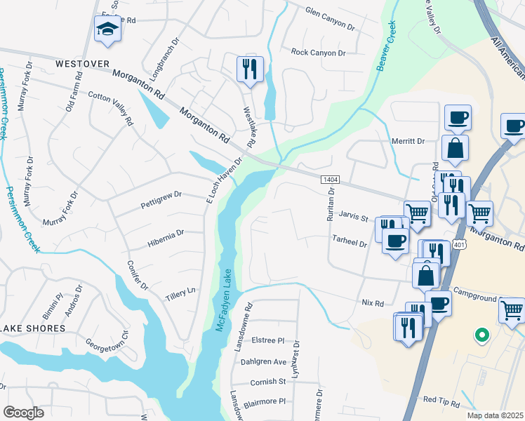 map of restaurants, bars, coffee shops, grocery stores, and more near 5556 Tarheel Drive in Fayetteville