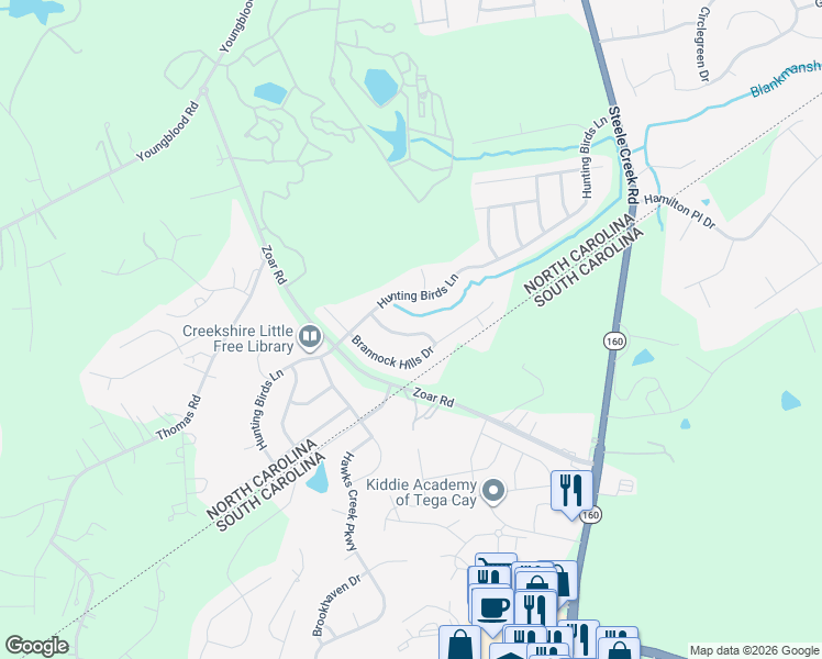 map of restaurants, bars, coffee shops, grocery stores, and more near 14932 Kinnegal Lane in Charlotte