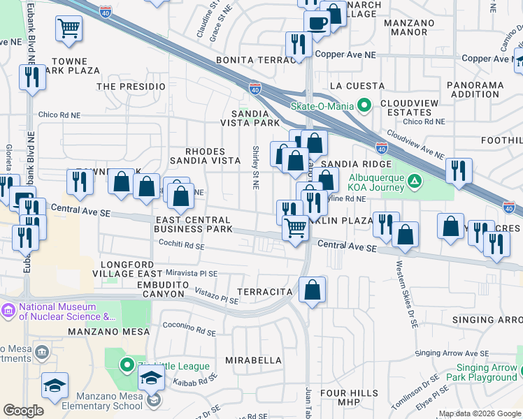 map of restaurants, bars, coffee shops, grocery stores, and more near 11601 Linn Avenue Northeast in Albuquerque