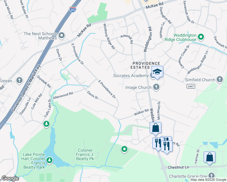map of restaurants, bars, coffee shops, grocery stores, and more near 2417 E Providence Dr in Charlotte