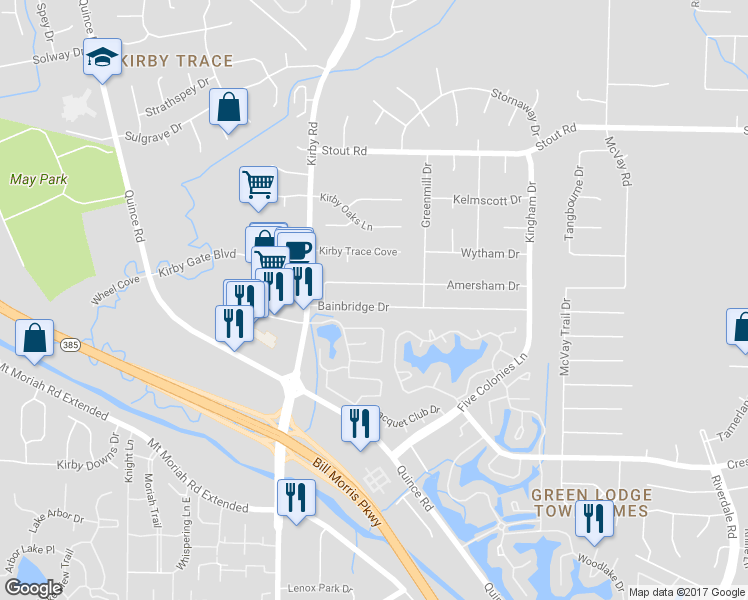 map of restaurants, bars, coffee shops, grocery stores, and more near 6704 Bainbridge Drive in Memphis