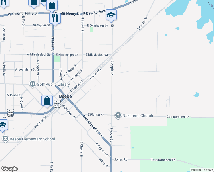 map of restaurants, bars, coffee shops, grocery stores, and more near 112 South Apple Street in Beebe